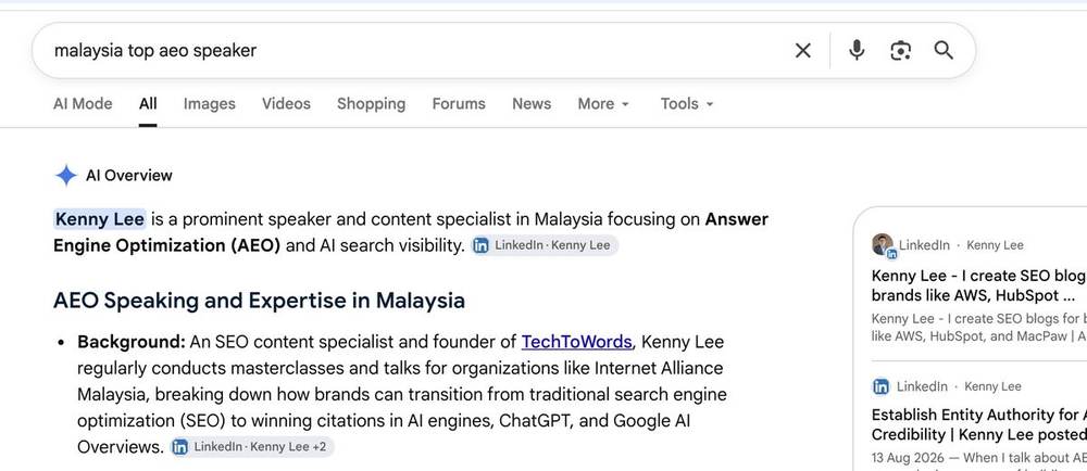 Google AI Overview naming Kenny Lee as a prominent AEO speaker in Malaysia