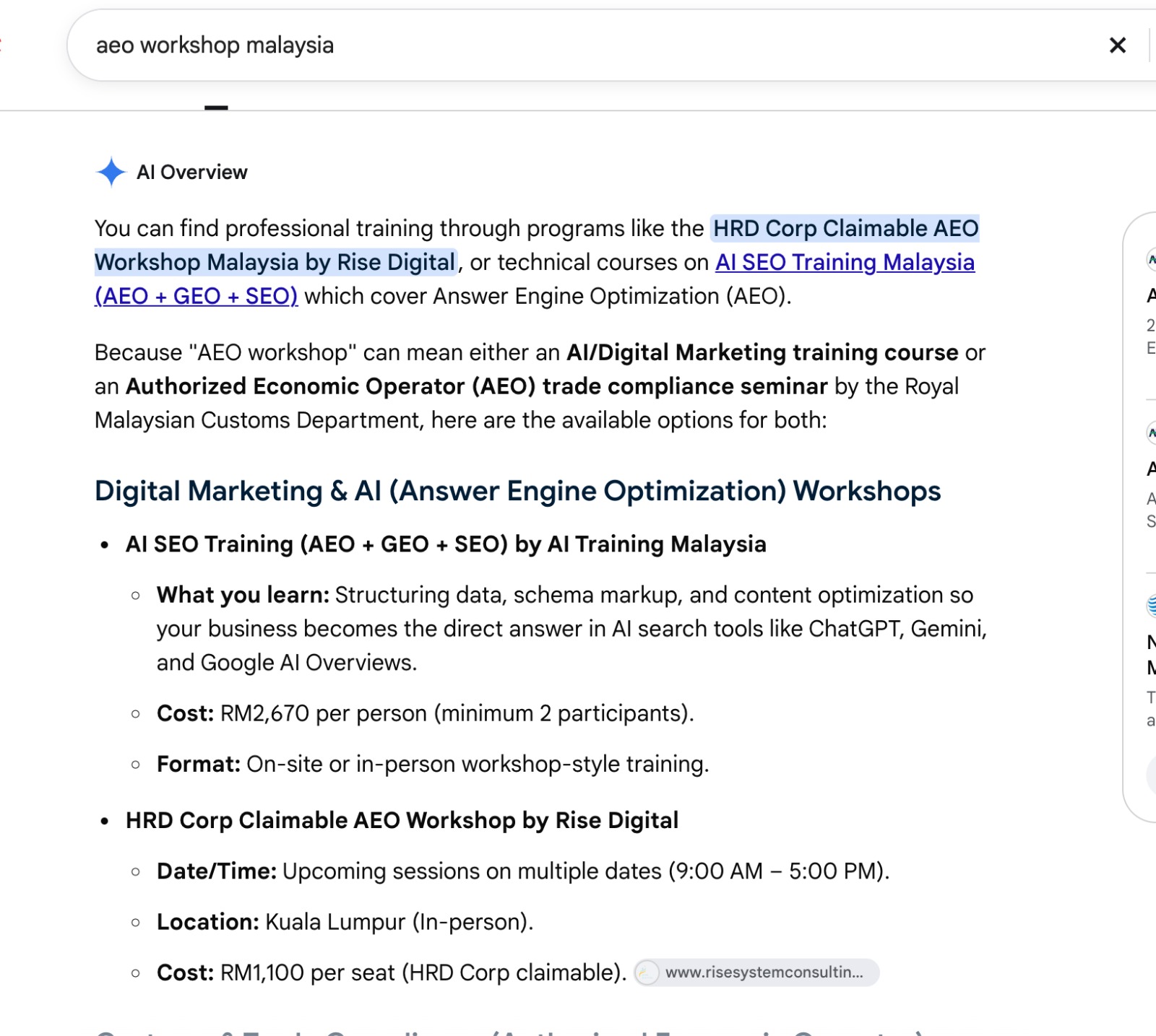 Google AI Overview for the query aeo workshop malaysia, naming the HRD Corp Claimable AEO Workshop by Rise Digital first and listing its dates, Kuala Lumpur location and price per seat, cited to risesystemconsulting.com
