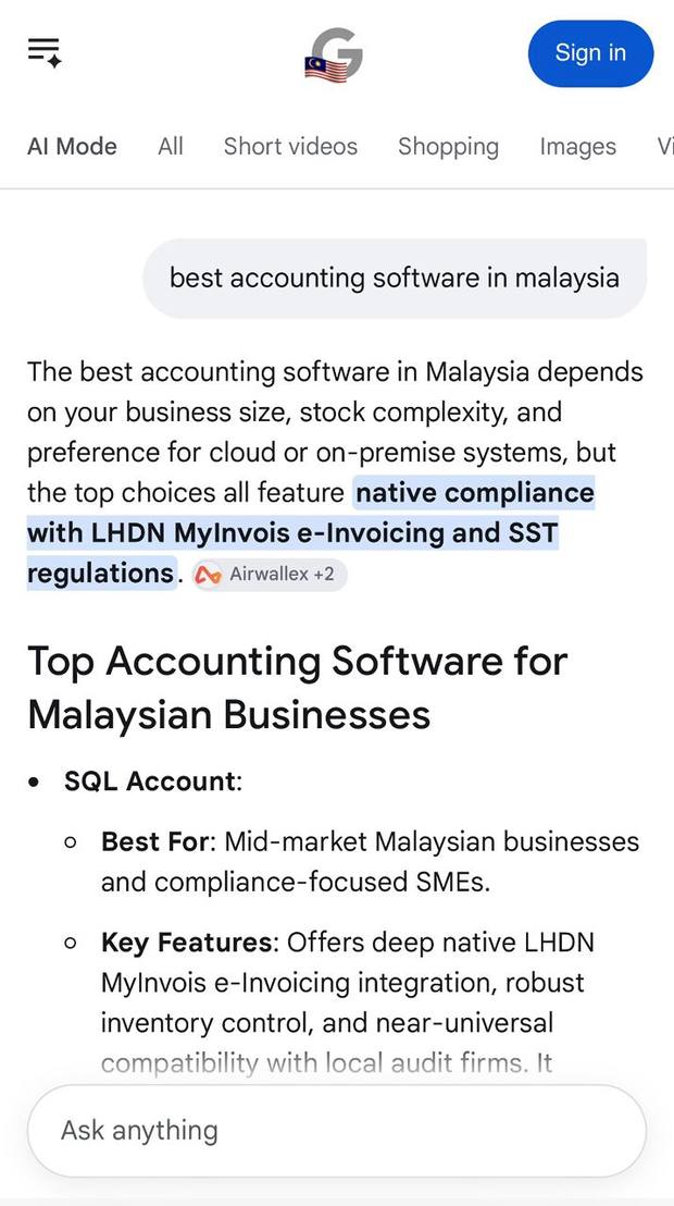 Google AI Mode answer for the query best accounting software in malaysia
