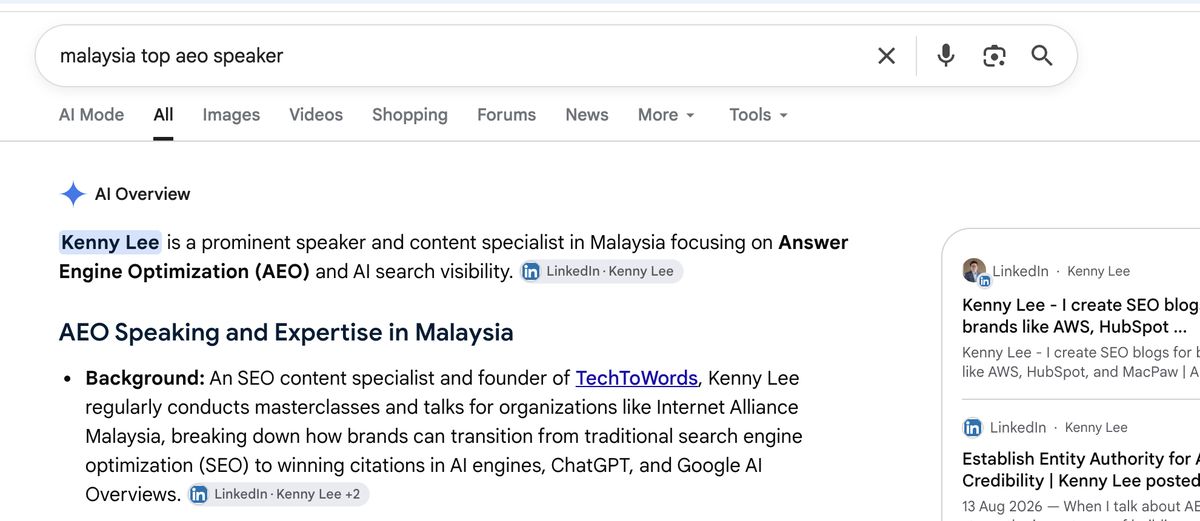 Google AI Overview naming Kenny Lee as a prominent AEO speaker in Malaysia