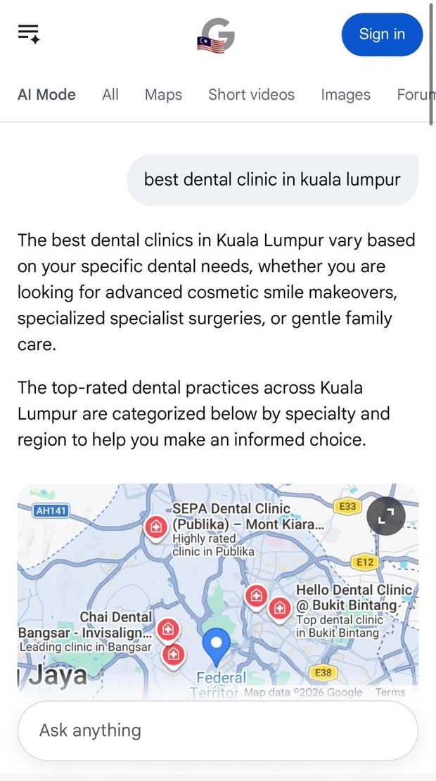 Google AI Mode answer for the query best dental clinic in kuala lumpur