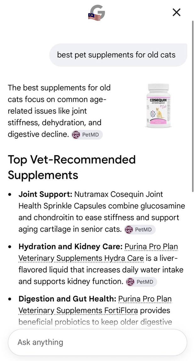 Google AI Mode answer for the query best pet supplements for old cats
