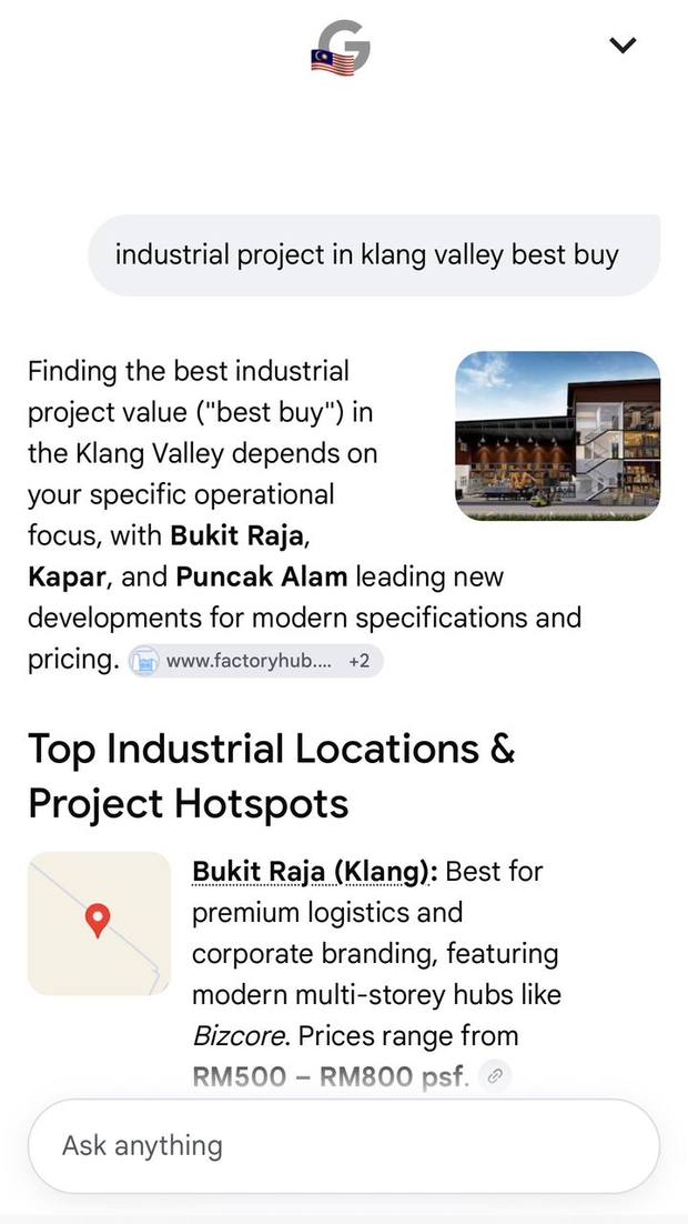 Google AI Mode answer for the query industrial project in klang valley best buy