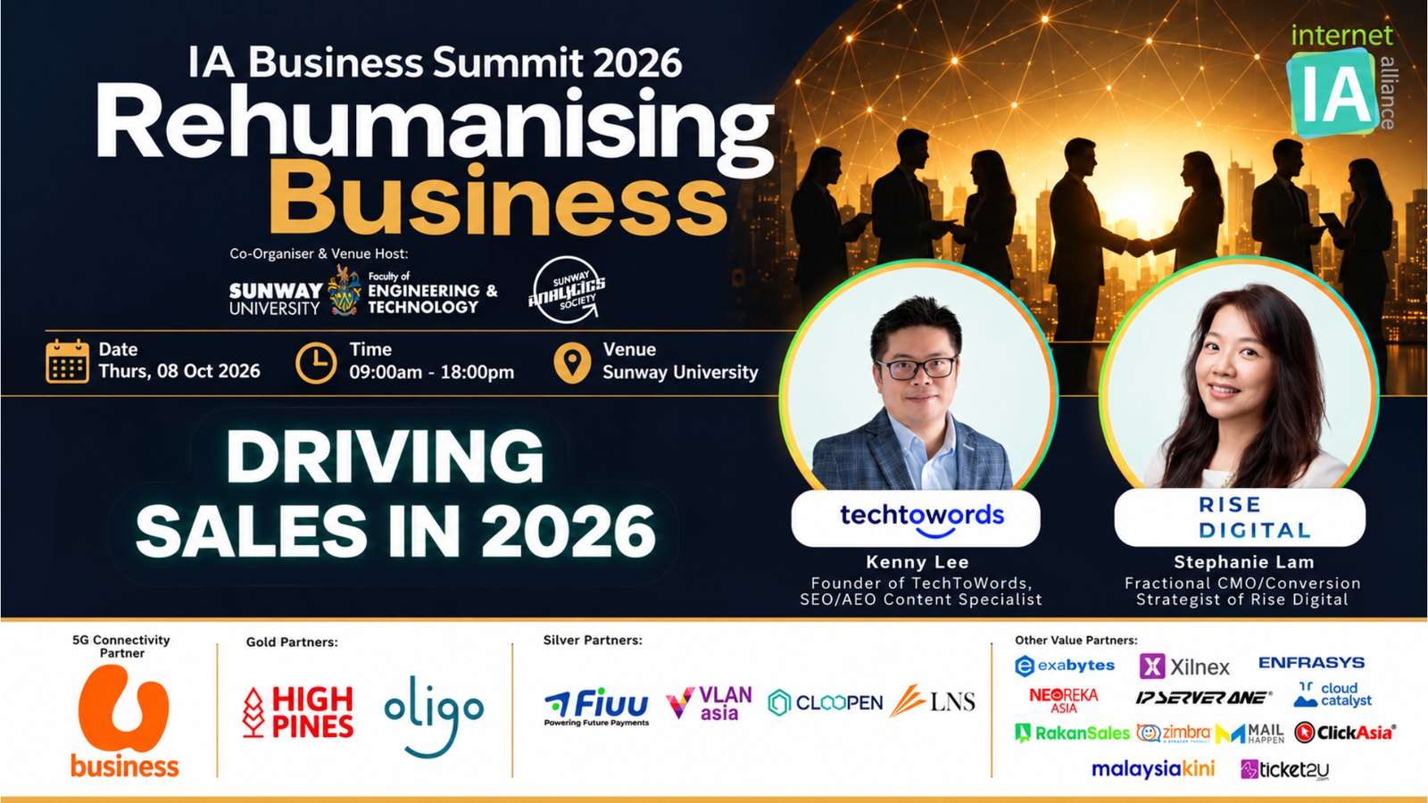 IA Business Summit 2026 Rehumanising Business programme listing Stephanie Lam of Rise Digital and Kenny Lee of TechToWords presenting Driving Sales in 2026 at Sunway University