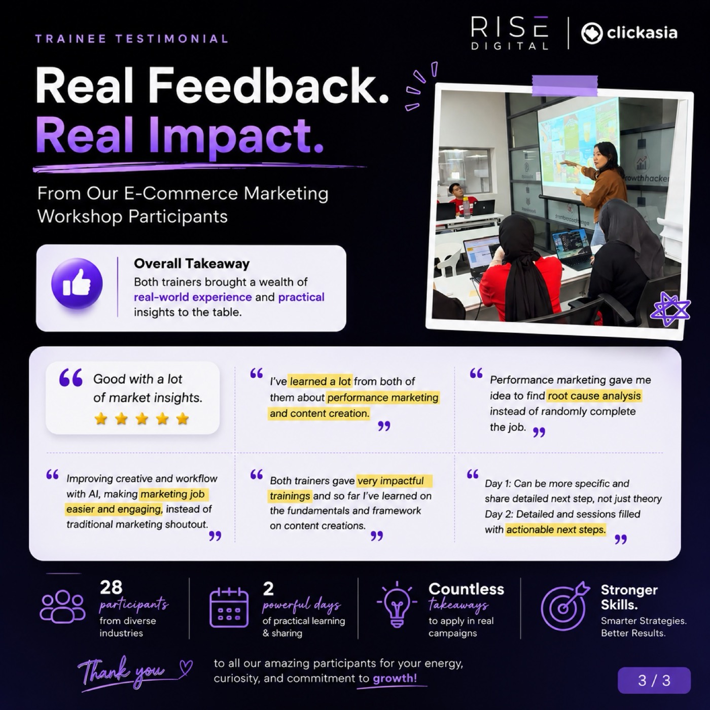 Participant feedback cards from a Rise Digital performance marketing workshop