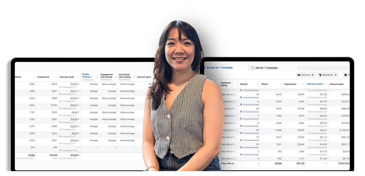 Stephanie Lam in front of live Meta Ads Manager dashboards showing real campaign results