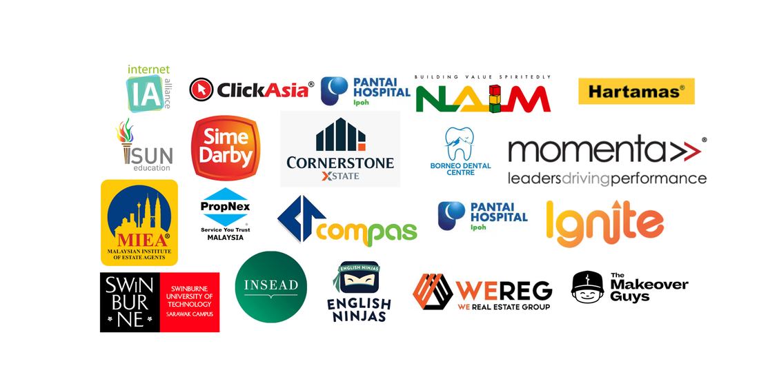 Client logos: Internet Alliance, ClickAsia, Pantai Hospital Ipoh, Naim, Hartamas, iSun Education, Sime Darby, Cornerstone X-State, Borneo Dental Centre, Momenta, MIEA, PropNex Malaysia, Compas, Ignite, Swinburne University of Technology, INSEAD, English Ninjas, WEREG, The Makeover Guys